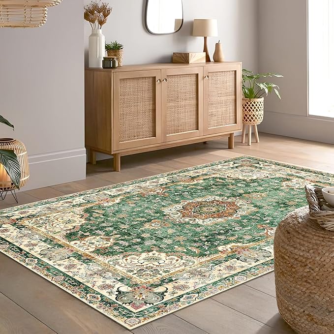 Green Rug 4'x6.5',Washable Area Rugs for Bedroom Living Room Kitchen Entryway Bedside,Small Boho Vintage Bohemian Distressed Oriental Non Slip Carpet,Retro Sage Floral