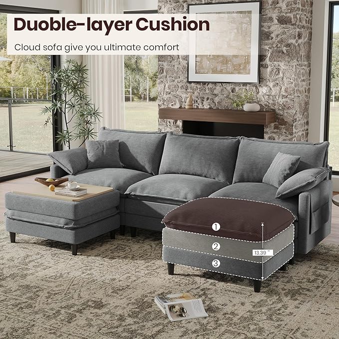 108" U Shaped Modular Sectional Cloud Couch with Two Ottoman, Snap-on Easy Installation 5-Piece Deep Seat Sofas with Storage Bag and Coffee Table for Living Room, Corduroy, Gray