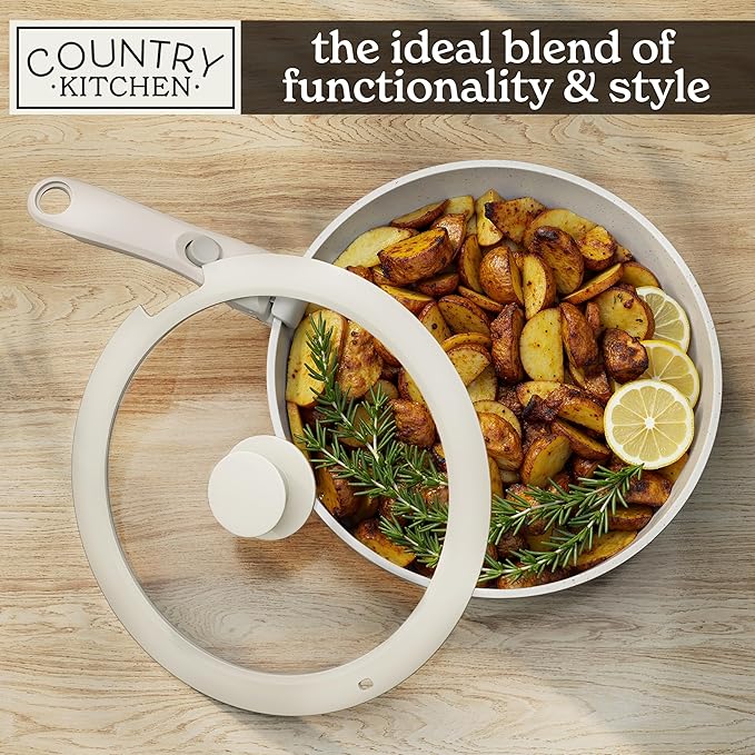 Country Kitchen Cookware Set with Removable Handle, Oven & RV Safe Pots and Pans Set, Cream, Original