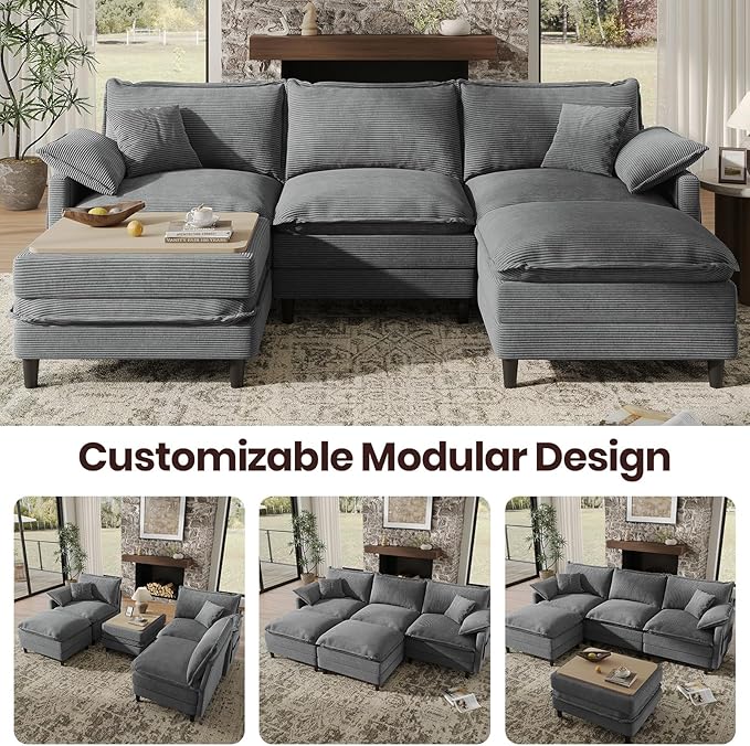 108" U Shaped Modular Sectional Cloud Couch with Two Ottoman, Snap-on Easy Installation 5-Piece Deep Seat Sofas with Storage Bag and Coffee Table for Living Room, Corduroy, Gray