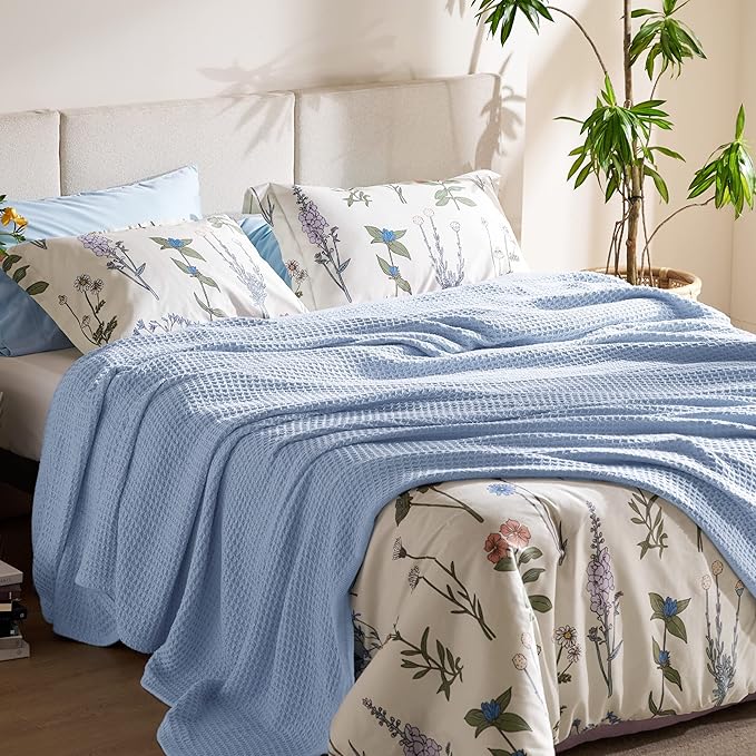Bedsure Gentlesoft 100% Cotton Blanket King Size for Bed - Breathable and Soft, Thick Cozy Waffle Weave Christmas Blanket Gift for Women, Sky Blue, 104x90 inches