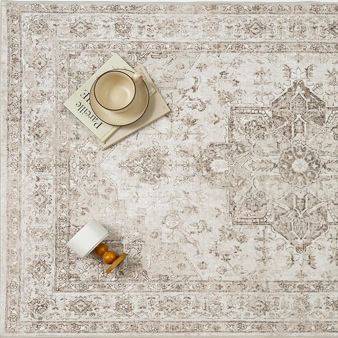 Taupe 6x9 Area Rug Washable Vintage Living Room Carpet Non Slip Retro Distressed Low Pile Soft Oriental Medallion Thin Large Throw Rug for Office Bedroom Dining Room Playroom