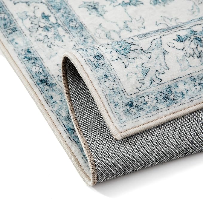 Blue Area Rug 5x7 Washable Vintage Carpet for Living Room Office Soft Retro Low Pile Thin Indoor Rug Non Slip Oriental Medallion Floor Cover for Bedroom Dining Room