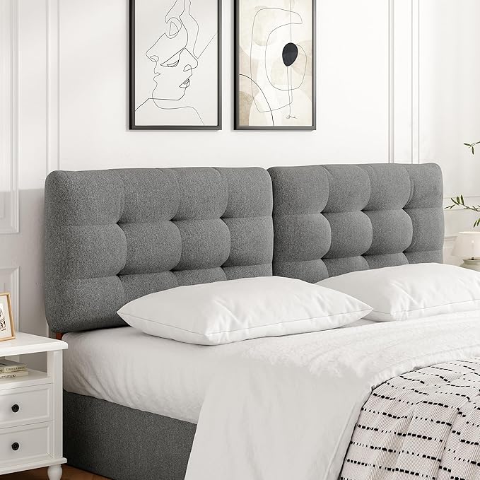 Tufted Upholstered King Headboard, King Size Headboard Only with Durable Solid Wood Legs, Modern Button Diamond Fabric Head Board with Adjustable Height from 39" to 44" and Width Adapters, Grey