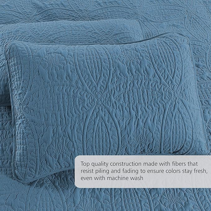 Quilt Set King/Cal King/California King Size Ash Blue - Oversized Bedspread - Soft Microfiber Lightweight Coverlet for All Season - 3 Piece Includes 1 Quilt and 2 Shams, Geometric Pattern