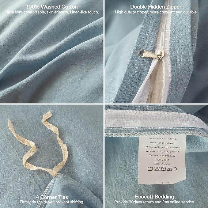 ECOCOTT Light Blue Duvet Cover Oversized King Size - 100% Washed Cotton Durable Soft Comfy Duvet Cover Set, 3 Pieces Duvet Cover with Zipper Closure (120"x 98")