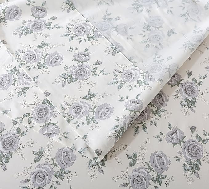 FADFAY Rose Sheets Set King Rustic Peony Floral Bedding Botanical Leaves Sheets Vintage Farmhouse Bedding 100% Cotton Ultra Soft Breathable Collection with Deep Pocket Fitted Sheet 4Pcs, King Size