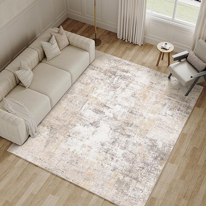 7x9 Washable Area Rug Beige Grey Abstract Living Room Bedroom Throw Rug Neutral Modern Non Slip Soft Low Pile Lightweight Indoor Carpet for Dining Room Office