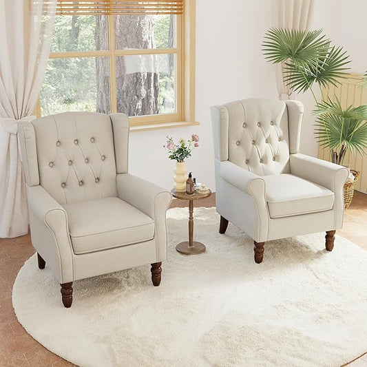 Lumibee High Back Accent Chair Set of 2,Upholstered Wingback Armchair with Solid Wood Legs for Small Spaces,Comfy Single Sofa Chair for Living Room,Bedroom,Office-Beige