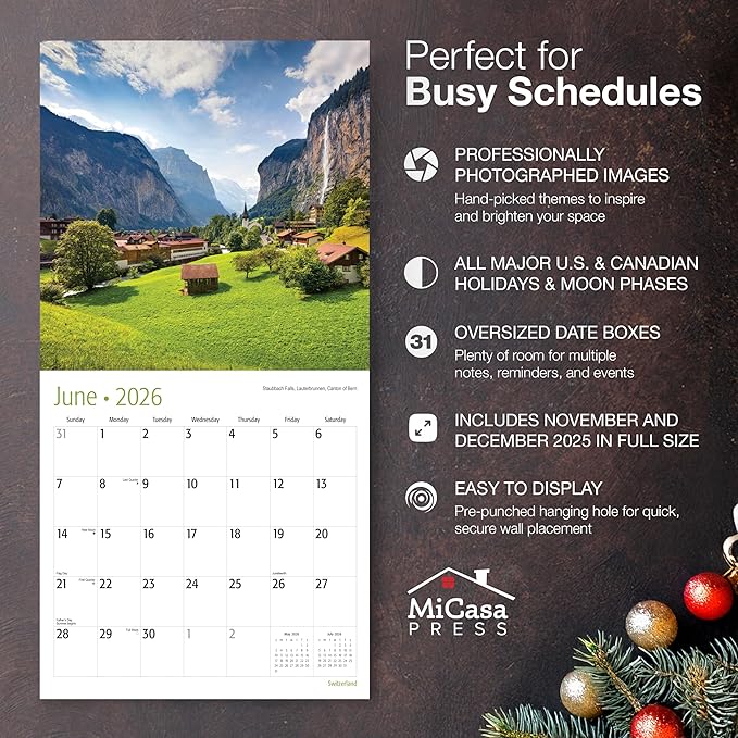 MICASA PRESS Switzerland 2026 Wall Calendar 12 Month | 12" x 24" Open | Thick & Sturdy Paper | Holiday Gift | Swiss Europe Travel Calendar 2026