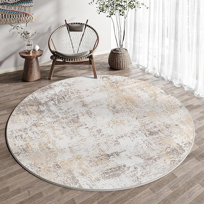4x4 Washable Round Rug Beige Grey Abstract Entryway Area Rug Neutral Modern Non Slip Soft Low Pile Carpet for Bathroom Kitchen Living Room Bedroom Entrance