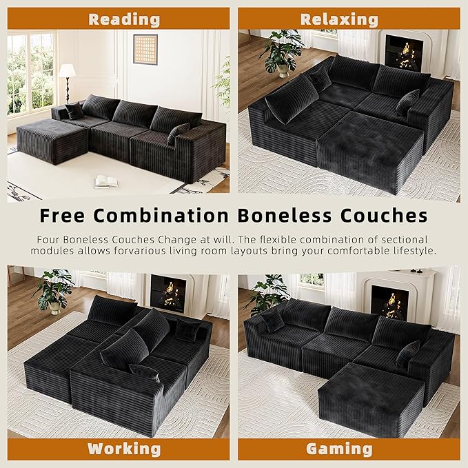 110" Cloud Couch Sectional for Living Room L-Shape Boneless Couches Modular Sectional Sofa with Deep Seat with Chaise,No Assembly Required,Carbon Black(Plush Corduroy Fabric)