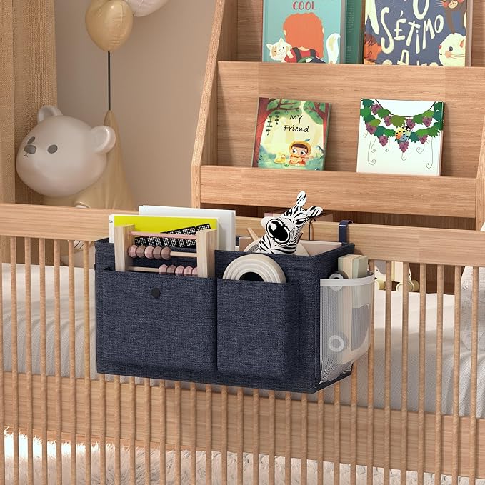 Bedside Caddy Bedside Organizer with Fixed Straps & Water Bottle Holder, Bunk Bed Caddy ideal for Home, Dorm, Hospital, Crib, Versatile Bedside Storage Solution (Navy)