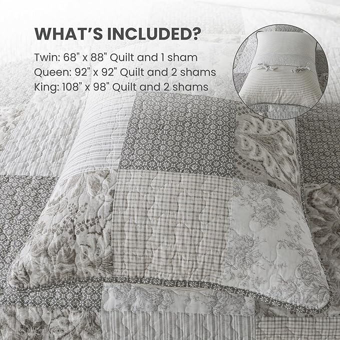 SLPR Silver Linings Cotton Quilt Set - Queen Size with 2 Shams, Neutral Pieced Patchwork Design, Country Silver Gray Quilted Comforter, Lightweight Summer Farmhouse Bedspread