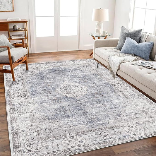 Area Rug 6'x9' Washable Vintage Traditional Floor Cover Thin Retro Kitchen Indoor Distressed Non Slip Carpet for Living Room Bedroom Dining Room
