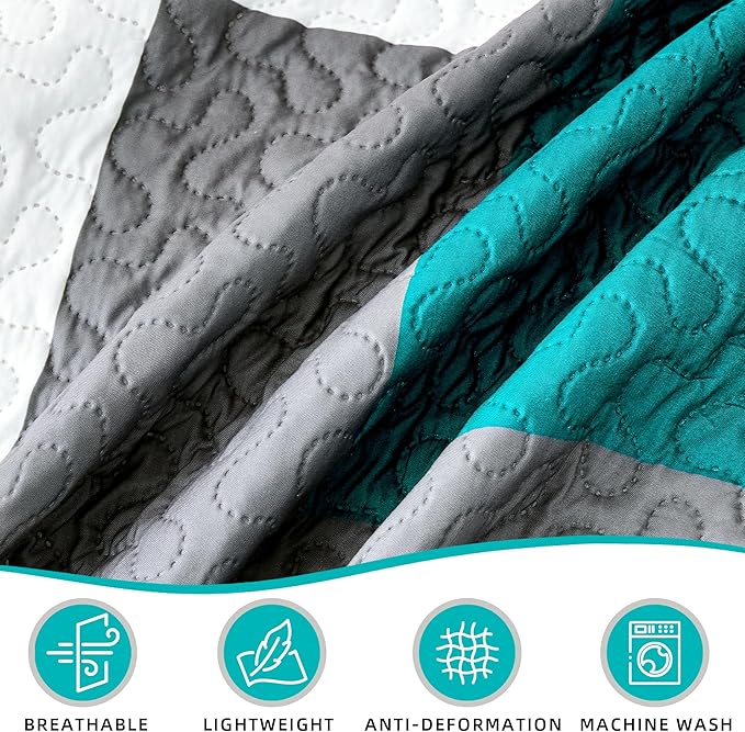 3 Piece Teal/Turquoise Quilt Set Full/Queen Size Black Grey Geometric Reversible Bedding Set Microfiber Lightweight Bedspread Coverlet with 2 Shams Modern Bed Covers for All Season, 90''x96''