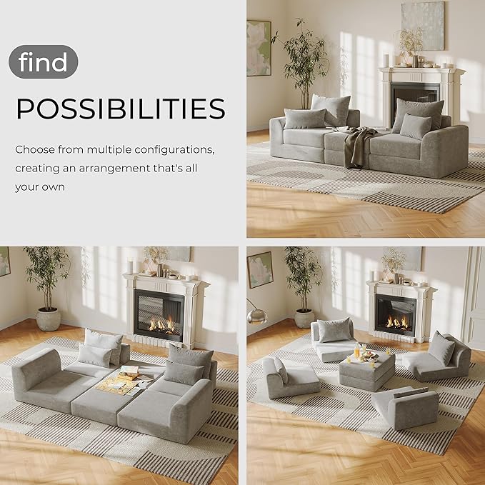 Modular loveseat with Ottoman, L-Shape Boneless Couch, Customizable Sectional Couch, Free Combination Design Sleeper Sofa, Stone Echo