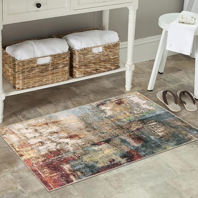 Lahome Modern Abstract Area Rug - 2x3 Washable Small Entryway Rug for Kitchen Non-Slip Front Doormat, Contemporary Faux Wool Soft Floor Indoor Carpet for Bathroom,Red/Multi