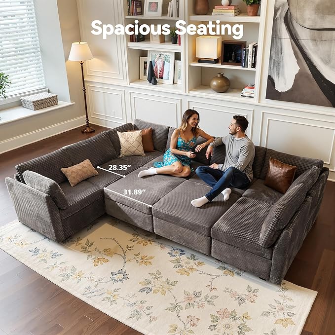 Large 9 Seat Modular Sectional Sofa with Ottoman Seat Corduroy Sleeper Sectional Sofa Bed Oversized Convertible Modular Couch for Living Room