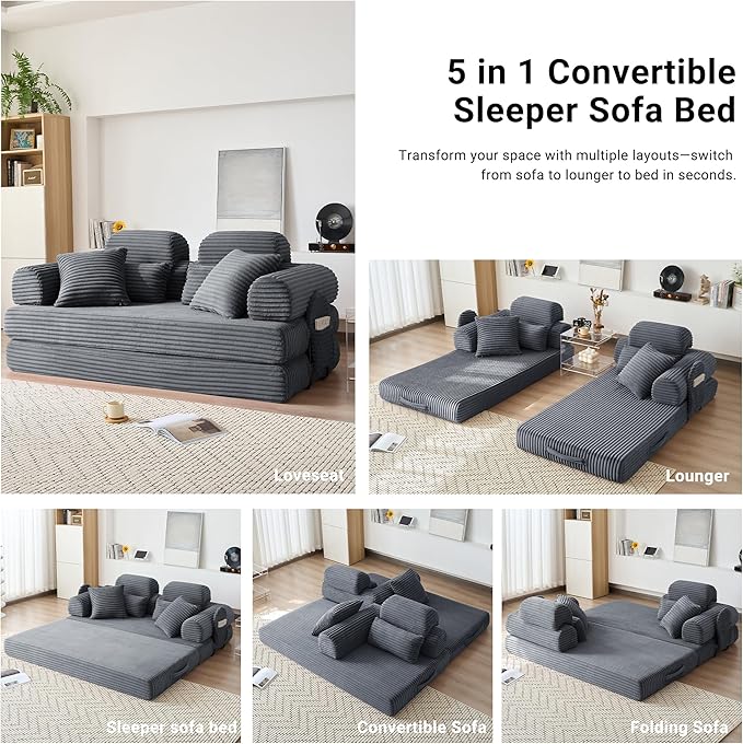 Convertible Sofa Bed with Fixed Frame, Corduroy Futon Boneless Couch with Pillow Headrest, No-Assembly Floor Sofa 79" Extra-Wide Sleeper for Living Room, Bedroom, Lounge, Studio (Dark Gray)