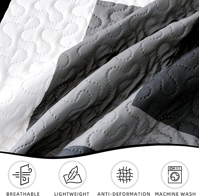 3 Piece Black Grey Quilt Set California King Size Black White Geometric Reversible Bedding Set Microfiber Lightweight Bedspread Coverlet with 2 Sham Modern Bed Covers for All Season, 118''x106''