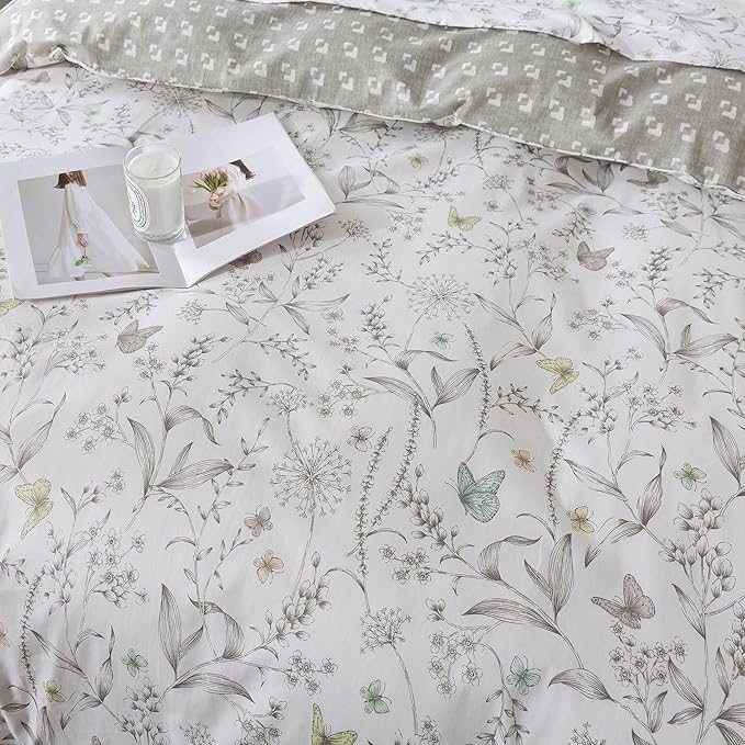 FADFAY Duvet Cover Set Queen Colorful Butterfly Bedding Vintage Botanical Comforter Cover Set Shabby Branches Bedding 100% Cotton Ultra Soft Quilt Cover with Hidden Zipper Closure 3Pcs, Queen Size