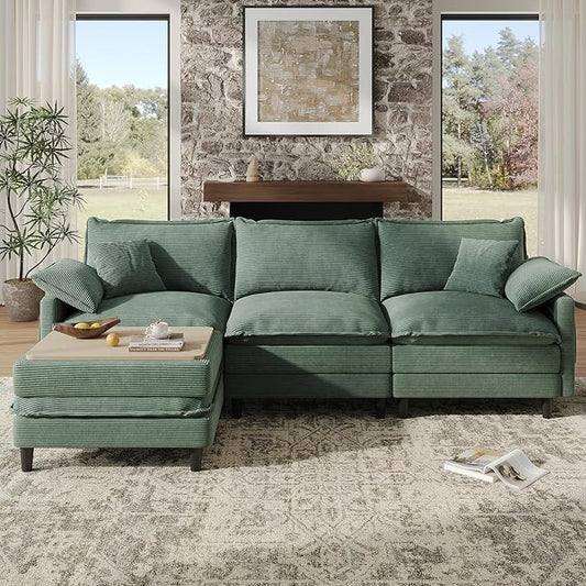 108" L Shaped Modular Sectional Cloud Couch with Ottoman, Snap-on Easy Installation 3 Seater Deep Seat Sofa with Storage Bag and Coffee Table for Living Room, Corduroy, Green