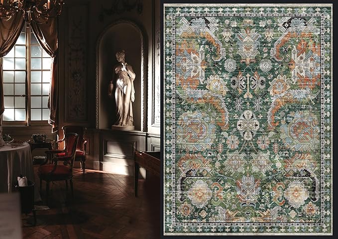 RUGSURE Washable Area Rugs - Perfect for Living Room, Bedroom, Kids Room, Nursery - Stain & Water Resistant Non-Slip, Pet & Child Friendly, Vintage Tribal Area Rugs (Green, 6' x 9')