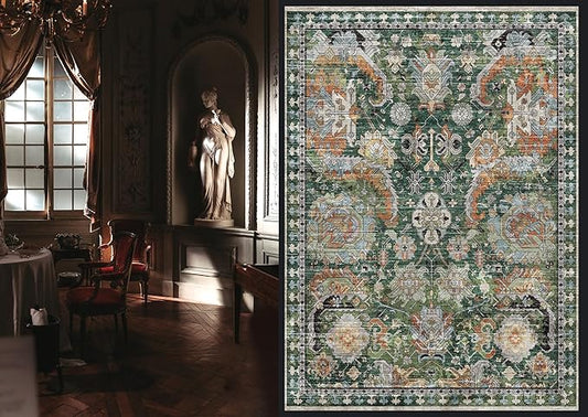 RUGSURE Washable Area Rugs - Perfect for Living Room, Bedroom, Kids Room, Nursery - Stain & Water Resistant Non-Slip, Pet & Child Friendly, Vintage Tribal Area Rugs (Green, 9' x 12')