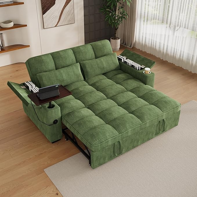 65" Sofa Bed, Loveseat 3-in-1 Sleeper Sofa with Pull Out Bed, 360° Swivel Side Table and USB, 2 Seater Convertible Small Couch for Living Room Apartment (Green, Corduroy)
