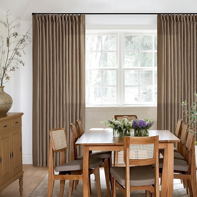 Brown 80 Inch Pinch Pleated Linen Curtains 2 Panels Set for Living Room Bedroom Boho Farmhouse Light Filtering Semi Sheer Back Tab Pinch Pleat Hooks Rings Window Curtain 80 Inches Long Dutch Cocoa