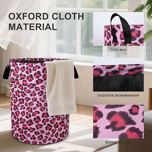Pink Leopard Laundry Basket Foldable Oxford Cloth Tote Bag Laundry Hamper Clothes Storage Bucket Organizer For Bathroom/Laundry Storage/Bedroom 19.6x15.7 Inch