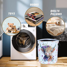 Highland Cow Laundry Basket Foldable Waterproof Oxford Cloth Funny Tote Bag Laundry Hamper Clothes Storage Bucket Toy Organizer For Bathroom/Laundry Storage/Bedroom Storage Basket 17.7x13.7 Inch