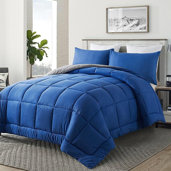 DOWNCOOL Twin Comforter Set -All Season Bedding Comforters Sets with 1 Pillow Case -2 Pieces Bed Set Down Alternative Comforter Set -Blue/Grey Twin Bedding Sets(64"x88")