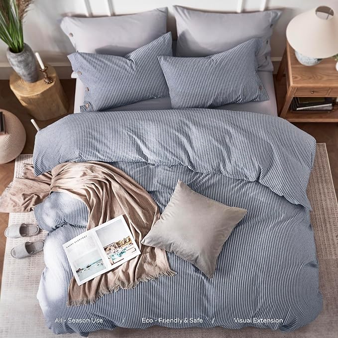 JELLYMONI Cotton Duvet Cover Full Size - Blue Vertical Pinstriped Comforter Cover with Button 100% Washed Cotton 3PCS Breathable Soft Solid Bedding Set Duvet Cover 80×90in & 2 Pillowcases