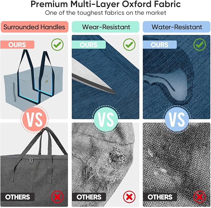 BALEINE Extra Large Storage Tote with Zippers & Carrying Handles, Heavy-Duty Oxford Fabric Moving Bags for Laundry, Space Saving, Storage, Denim Blue