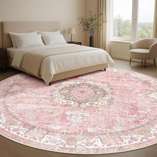 Large Pink Round Rug 9ft,Boho Circle Area Rugs for Bedroom Living Room,Washable Vintage Bohemian Distressed Oriental Floral Carpet Non Slip,Blush Floral Flowers