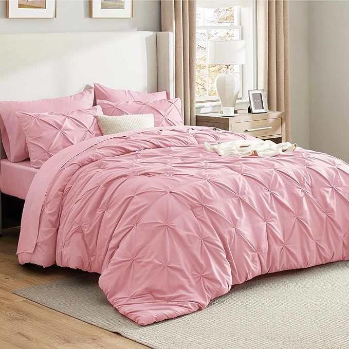 Bedsure Queen Comforter Set Baby Pink - Bed in a Bag Queen Size Bedding 7 Pieces, GentleSoft™ Pintuck Bed Set Gift for Family, Pinch Pleat All Season Comforter with Sheets, Pillowcases & Shams