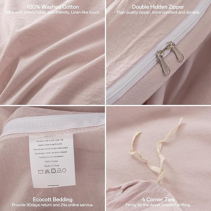 ECOCOTT Duvet Cover Set, 100% Washed Cotton Linen-Like Soft & Breathable, Durable Comfy Bedding Set for All Seasons Twin Size (Greyish Pink)