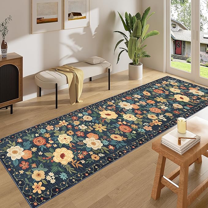 DUKINO 2x8 Runner Rug for Hallway, Washable Kitchen Runner Rug with Rubber Backing Non Slip, Low Pile Soft Boho Floral Thin Carpet for Entryway, Hallway, Bathroom, Laundry Room, Navy Blue