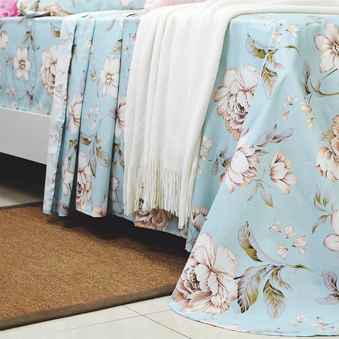 FADFAY Shabby Floral Bed Sheet Set Farmhouse Bedding Blue Cotton Winter Bedding Deep Pocket Sheets 4-Piece Queen Size