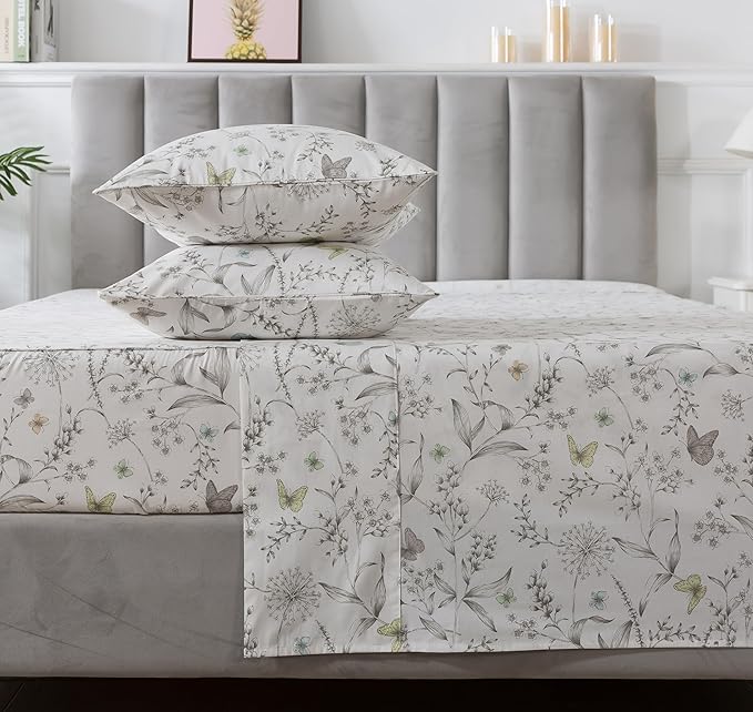 FADFAY Floral Sheets King Colorful Butterfly Bed Sheets Set Vintage Botanical Bedding Shabby Branches Leaves Bedding Collections 100% Percale Cotton Breathable Super Soft Deep Pocket 4Pcs, King Size