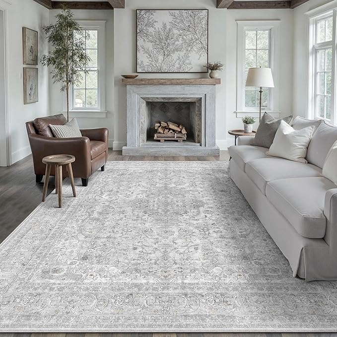Gray Area Rug 8x10 for Living Room Washable Vintage Carpet Low Pile Non Slip Distressed Soft Traditional Retro Oriental Large Grey Accent Throw Rug Office Bedroom Dining Room Playroom