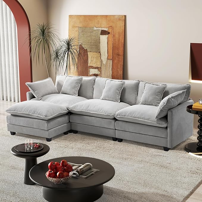 113.4" Modular Sectional Sofa,L Shaped Couch for Living Room,Modern Deep Seat Sofa 3 Seater Chenille Fabric Comfy Cloud Couches with Throw Pillows & Movable Ottoman