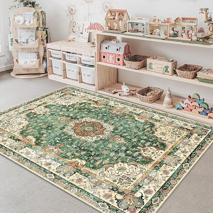 Green Rug 3'x5',Washable Area Rugs for Bedroom Living Room Kitchen Entryway Bedside,Small Boho Vintage Bohemian Distressed Oriental Non Slip Carpet,Retro Sage Floral
