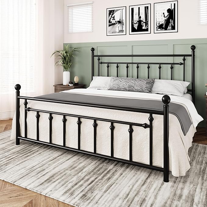 Allewie 14 Inch King Size Metal Platform Bed Frame with Victorian Vintage Headboard and Footboard/Mattress Foundation/Under Bed Storage/No Box Spring Needed/Easy Assembly/Noise Free/Black