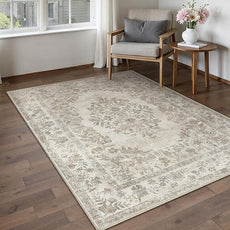 3x5 Area Rug Beige Washable Office Vintage Distressed Carpet Bedroom Indoor Medallion Floral Living Room Non Slip Retro Throw Floor Mat for Dining Room Kitchen Bathroom