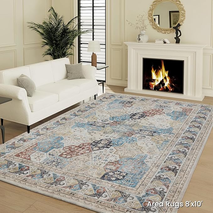 RCTJHOME 8'x10' Washable Area Rugs for Standard Sofa Living Room/Queen Bedroom, Ultra Soft Non-Slip Accent Large Carpet, Dining Room, Home Office, Low Pile Vintage Rug Cream Beige Blue Colorful
