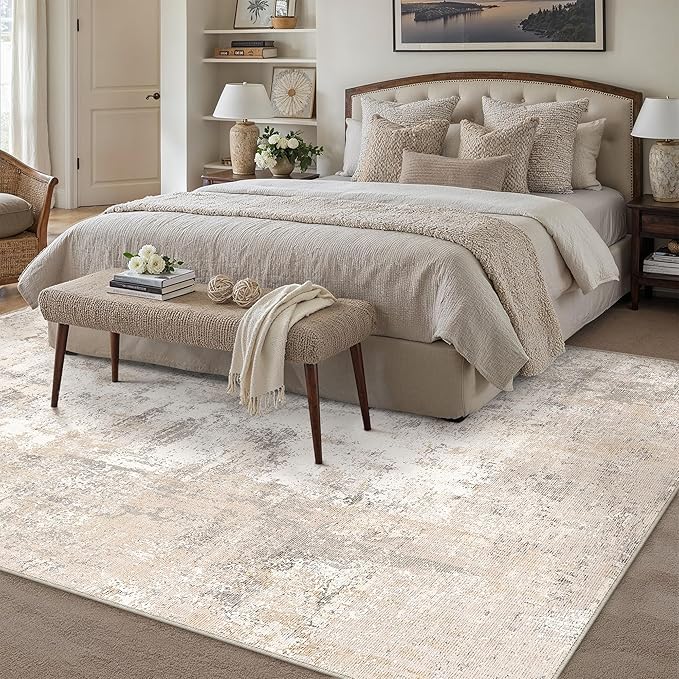 9x12 Area Rug Beige Grey Abstract Living Room Bedroom Carpet Neutral Modern Non Slip Soft Medium Pile Indoor Large Throw Rug for Dining Room Office