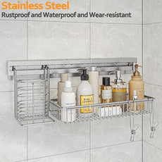MINGLING Stainless Steel Shower Caddy, 41 cm Wall Back Crossbar Rustproof Shelves with 2 Long Tail Hook Clip, Large Capacity Bathroom Organizers and Storage